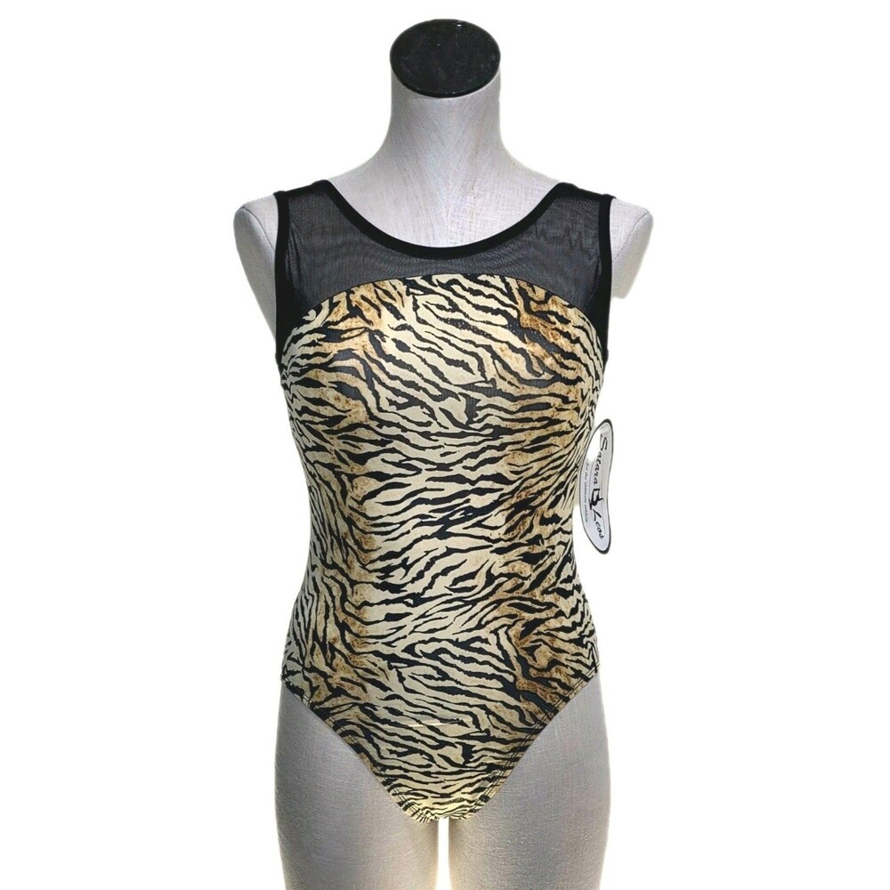 Satara Leos VTG Tiger Print Black Sheer Tank Dance Leotard Bodysuit AM Adult M